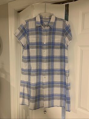 Blue & White Plaid Button-Front Tunic Dress